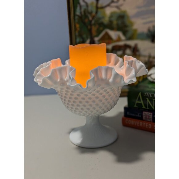 Vintage Fenton Hobnail Milk Glass Pedestal Compote Vase Ruffled Edge - Picture 9 of 10